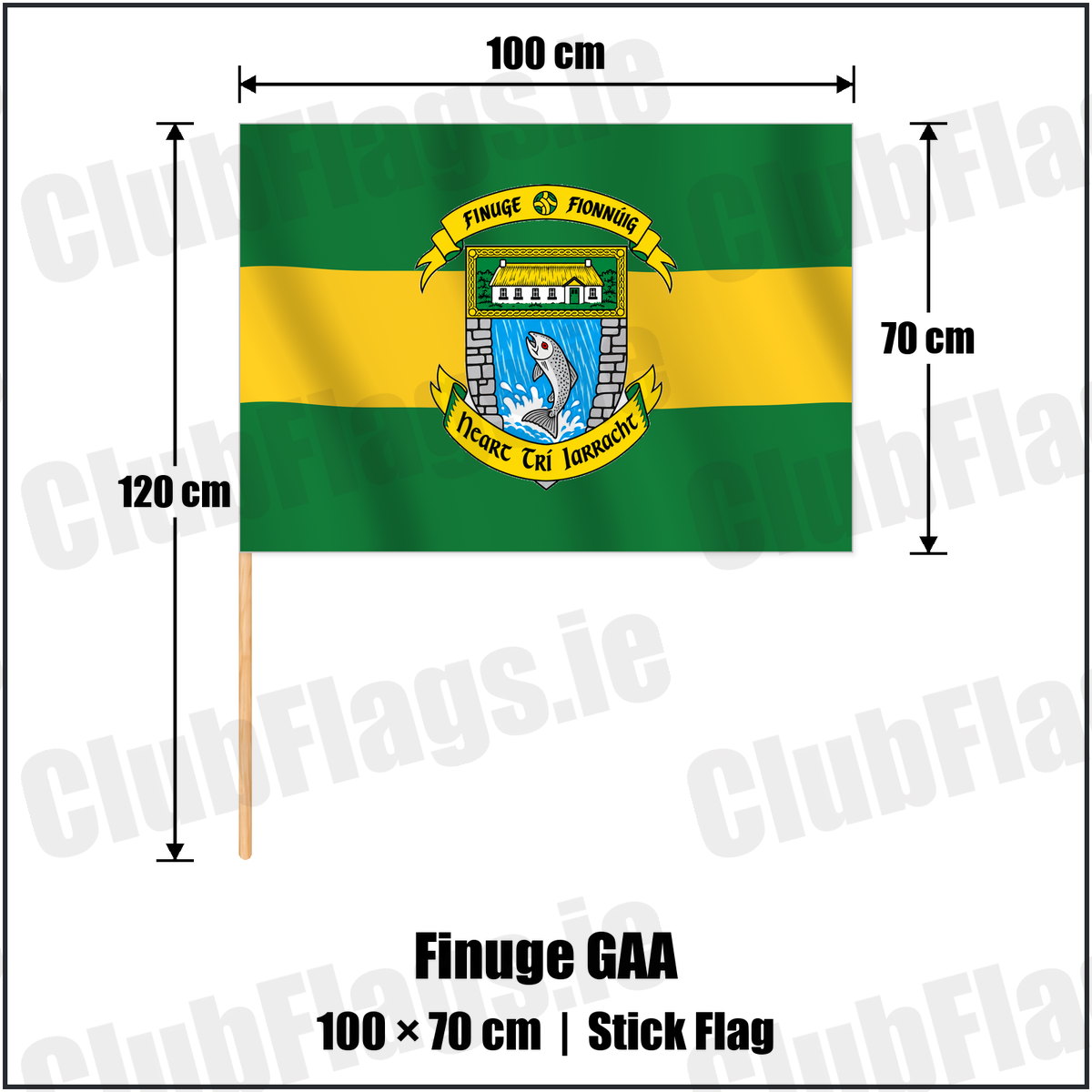 Finuge GAA 70cm x 100cm Stick Flag with the club crest and colours, Kerry GAA - ClubFlags.ie