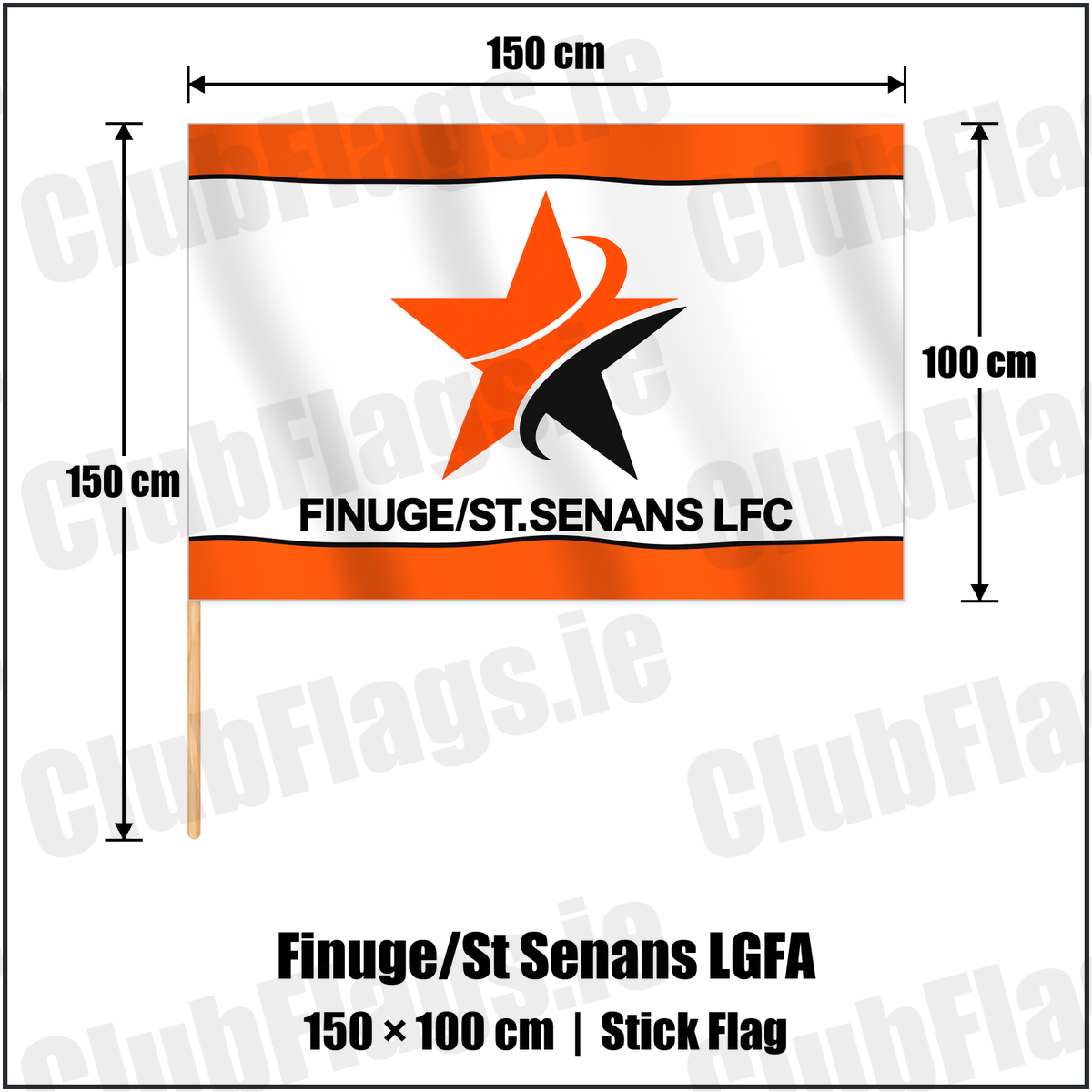 Finuge/St Senans LGFA 100cm x 150cm Stick Flag with the club crest and colours, Kerry GAA - ClubFlags.ie