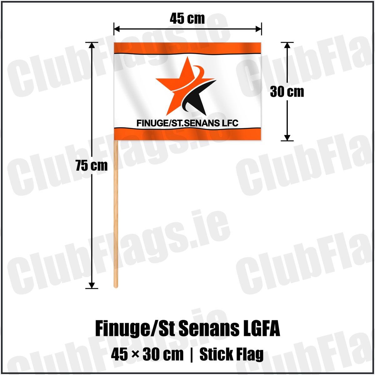 Finuge/St Senans LGFA 30cm x 45cm Stick Flag with the club crest and colours, Kerry GAA - ClubFlags.ie