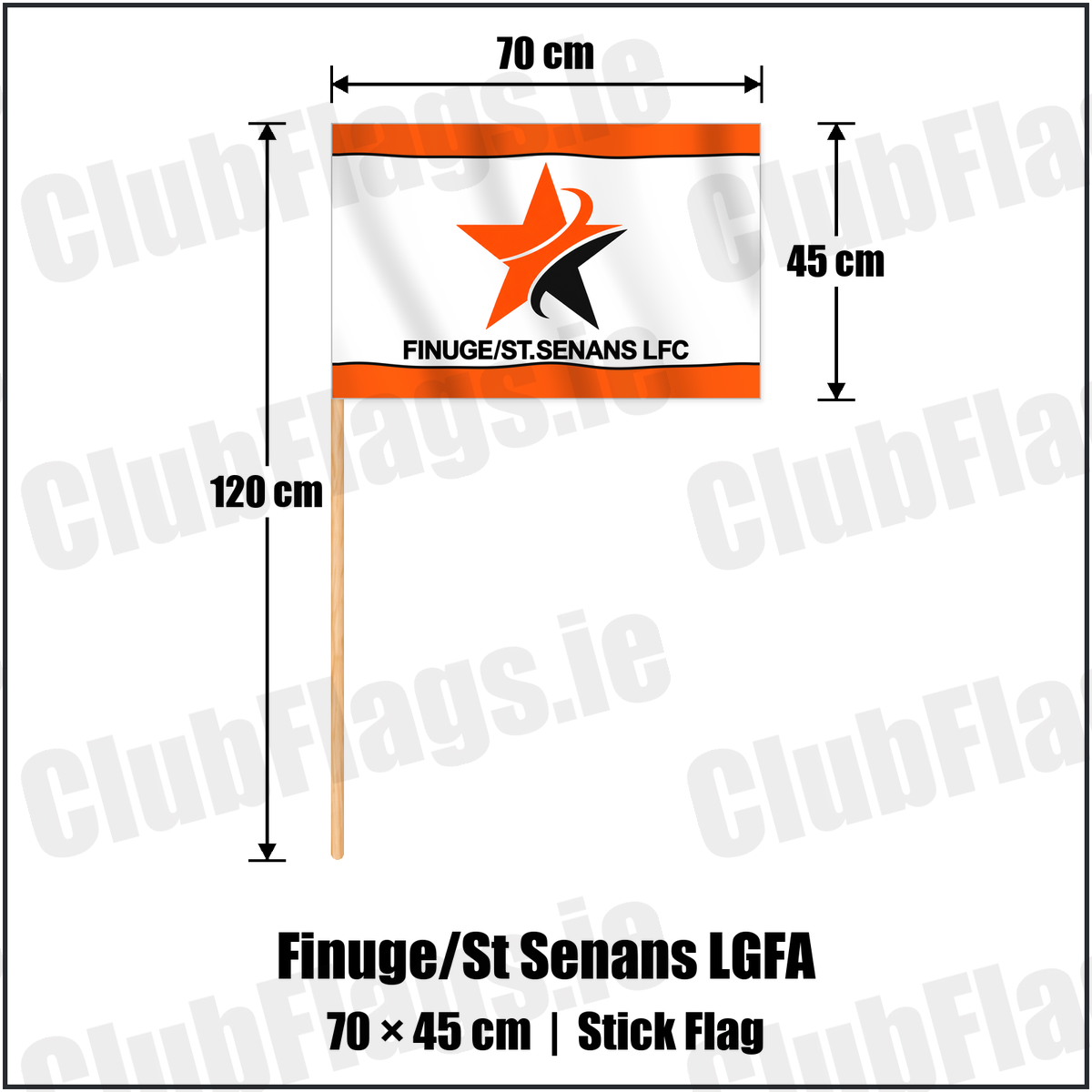 Finuge/St Senans LGFA 45cm x 70cm Stick Flag with the club crest and colours, Kerry GAA - ClubFlags.ie