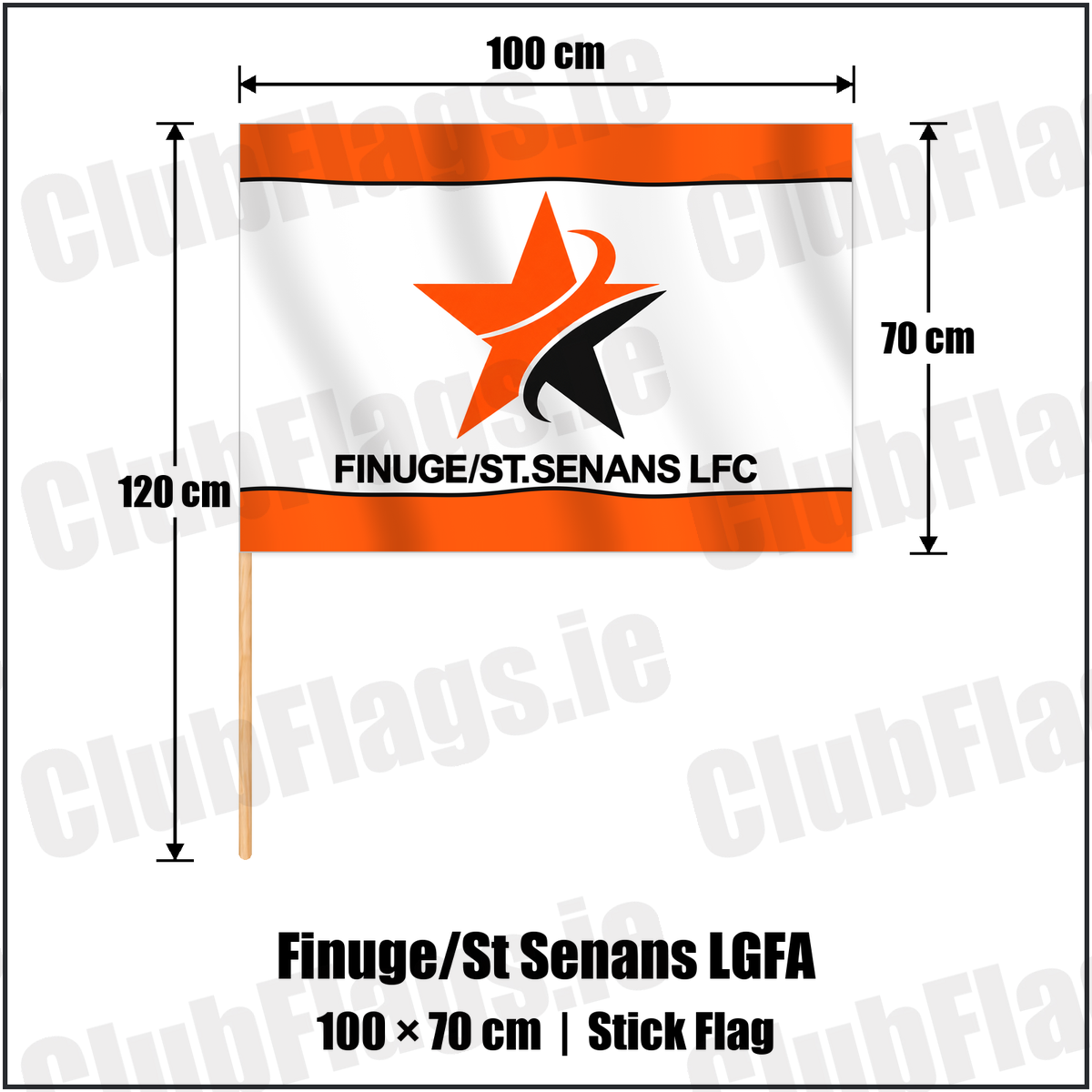 Finuge/St Senans LGFA 70cm x 100cm Stick Flag with the club crest and colours, Kerry GAA - ClubFlags.ie