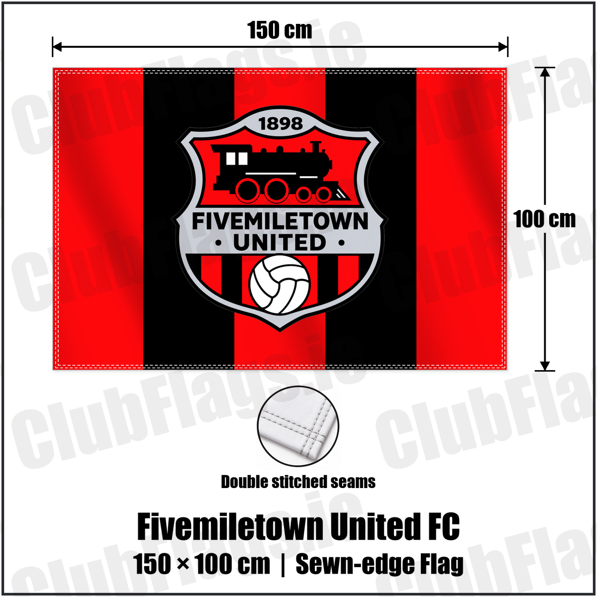 Fivemiletown United FC 100cm x 150cm Flag (sewn on the edges) with the club crest and colours, Tyrone Football - ClubFlags.ie