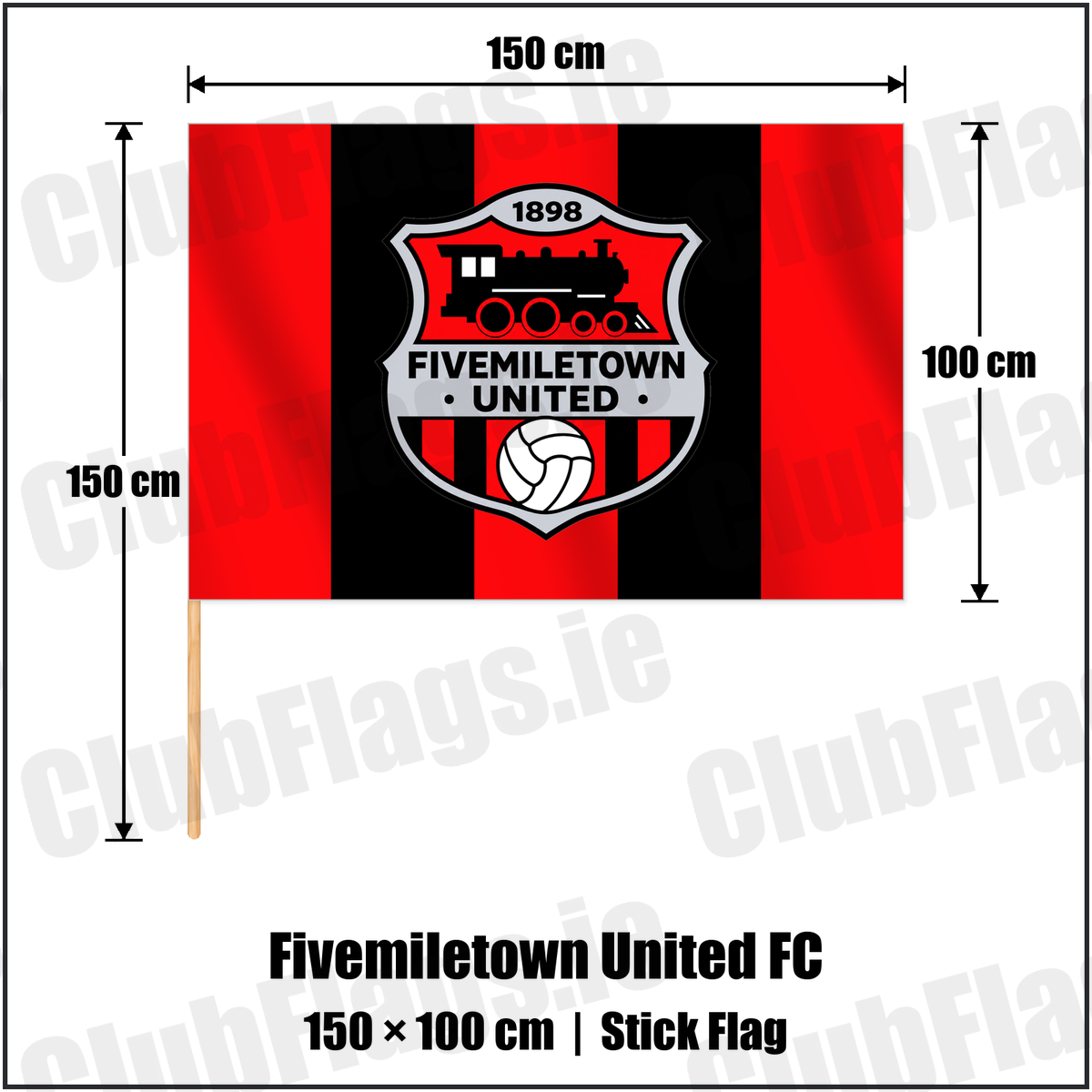 Fivemiletown United FC 100cm x 150cm Stick Flag with the club crest and colours, Tyrone Football - ClubFlags.ie