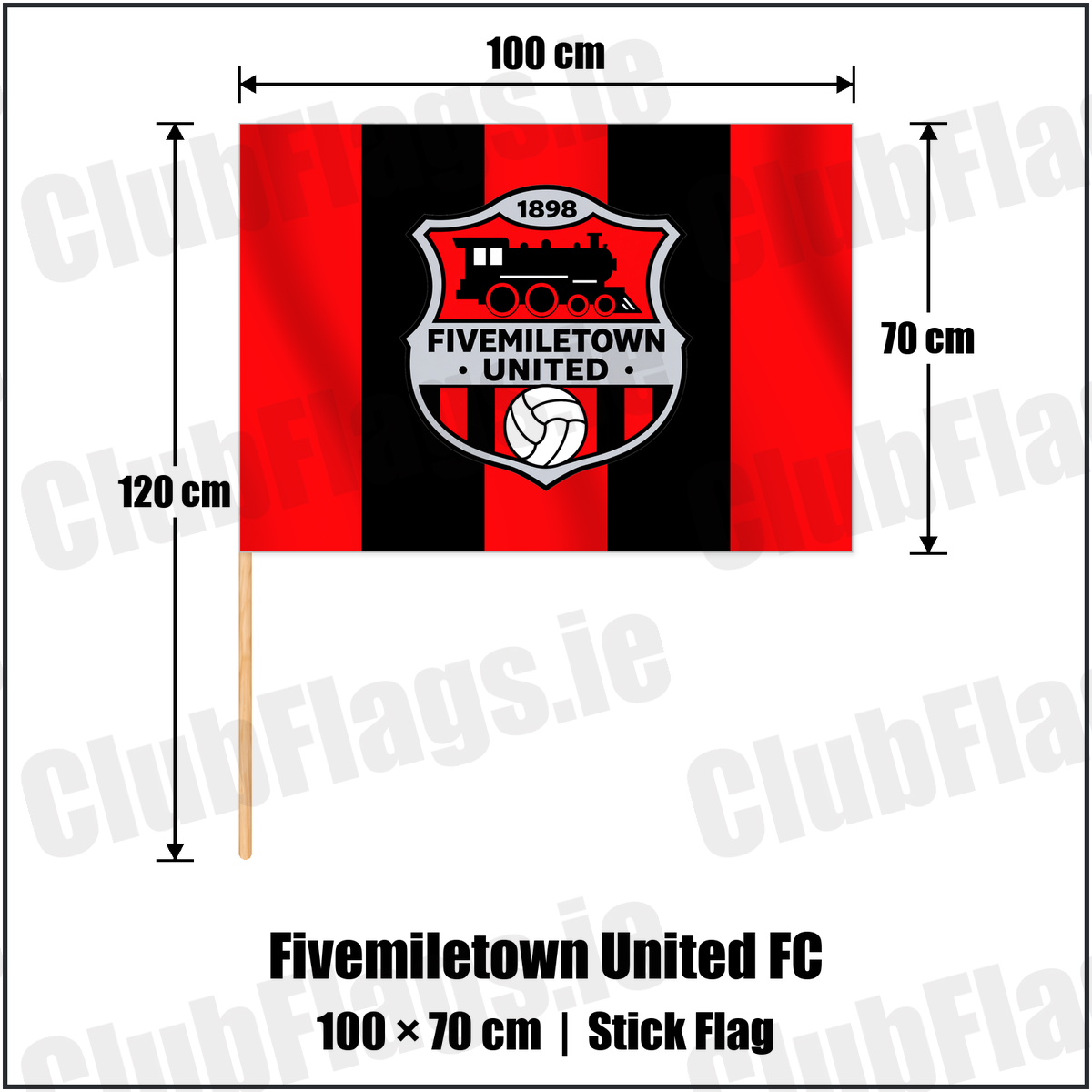Fivemiletown United FC 70cm x 100cm Stick Flag with the club crest and colours, Tyrone Football - ClubFlags.ie