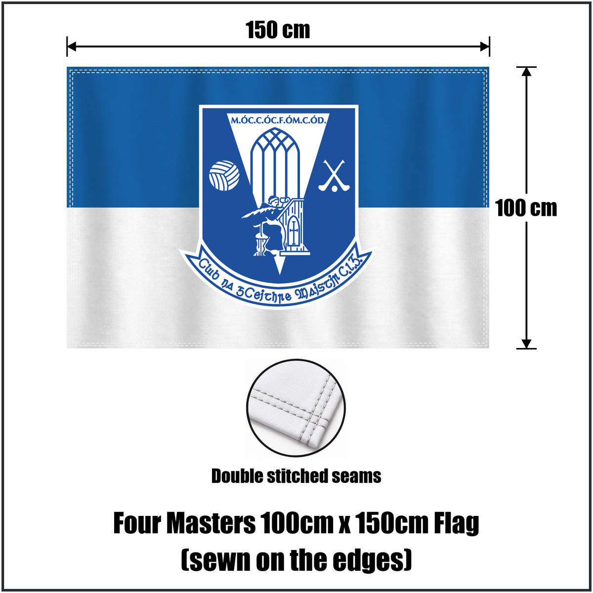 Four Masters 100cm x 150cm Flag (sewn on the edges), featuring the club crest and blue and white colours; County Donegal GAA. ClubFlags.ie.