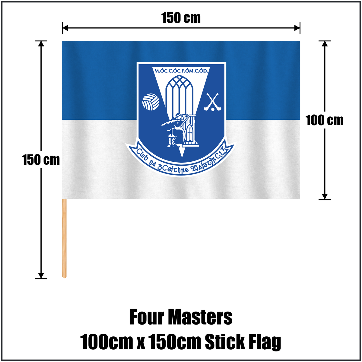 Four Masters 100cm x 150cm Stick Flag, featuring the club crest and blue and white colours; County Donegal GAA. ClubFlags.ie.