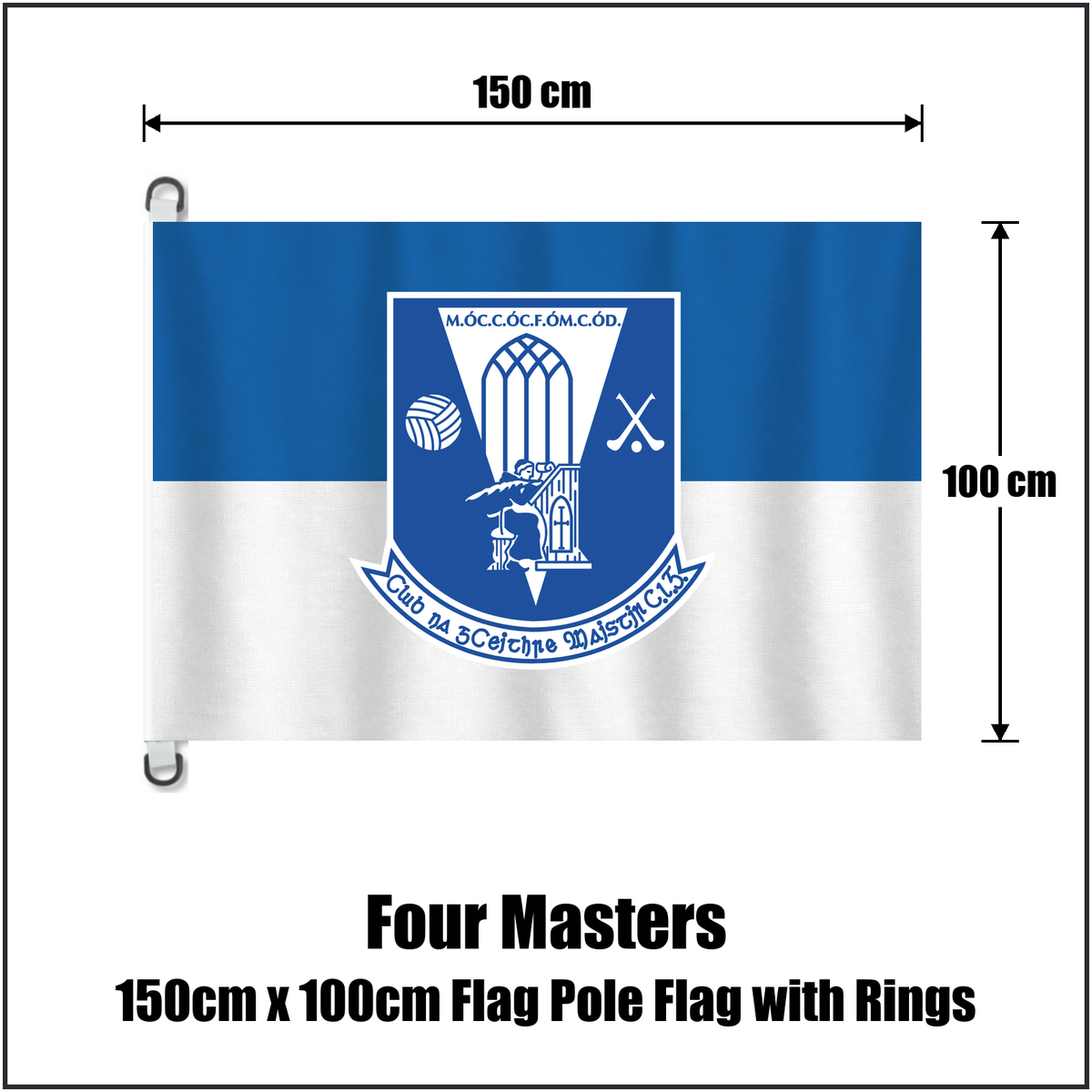 Four Masters 150cm x 100cm Flag Pole Flag with Rings, featuring the club crest and blue and white colours; County Donegal GAA. ClubFlags.ie.