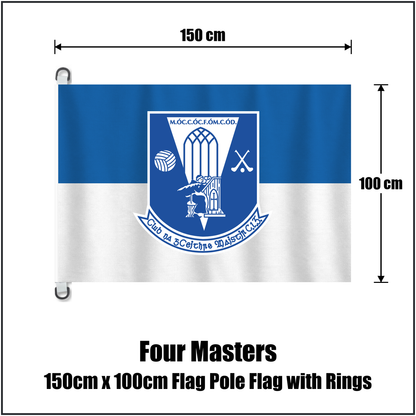 Four Masters 150cm x 100cm Flag Pole Flag with Rings, featuring the club crest and blue and white colours; County Donegal GAA. ClubFlags.ie.
