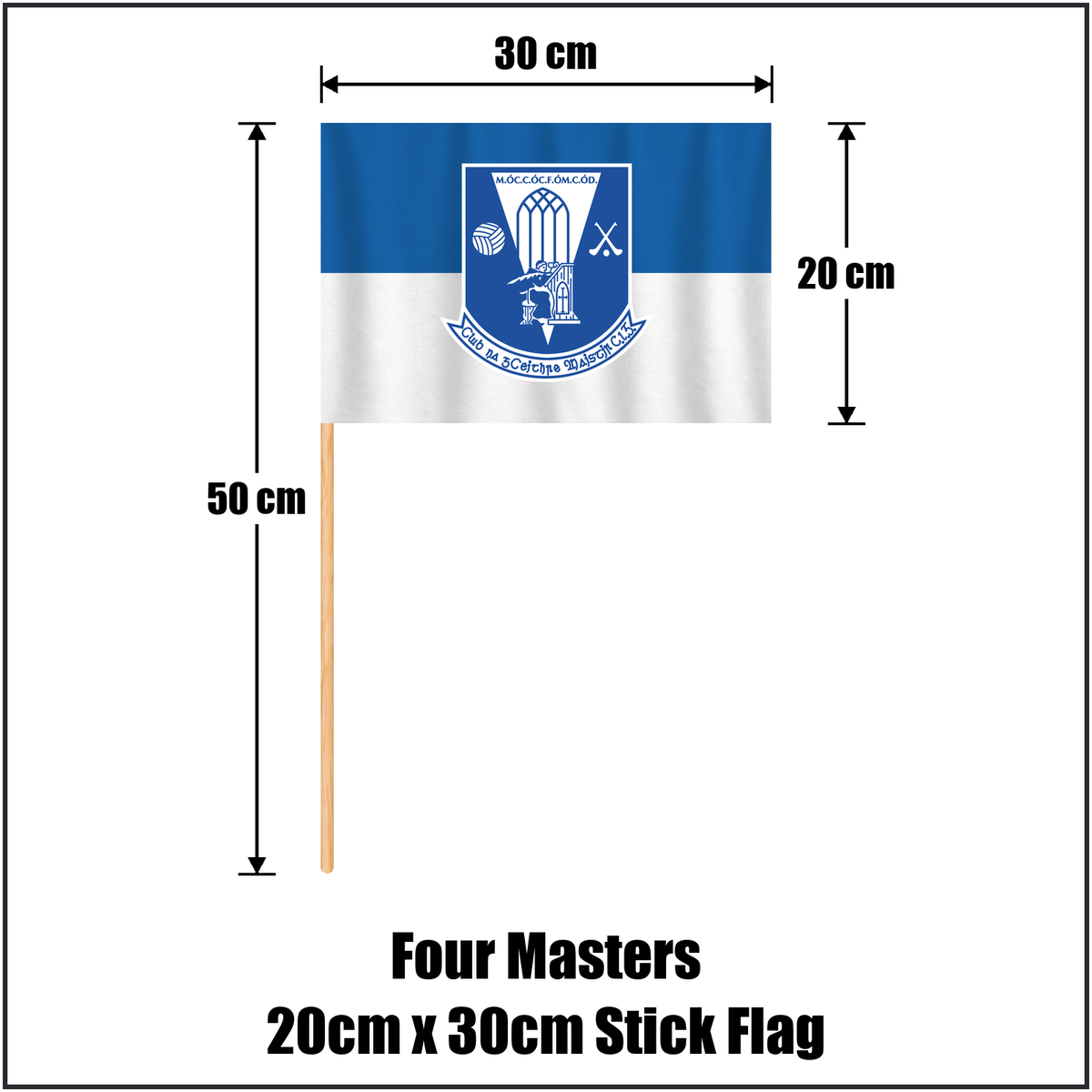 Four Masters 20cm x 30cm Stick Flag, featuring the club crest and blue and white colours; County Donegal GAA. ClubFlags.ie.