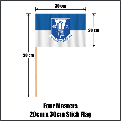 Four Masters 20cm x 30cm Stick Flag, featuring the club crest and blue and white colours; County Donegal GAA. ClubFlags.ie.