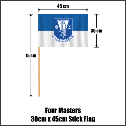 Four Masters 30cm x 45cm Stick Flag, featuring the club crest and blue and white colours; County Donegal GAA. ClubFlags.ie.