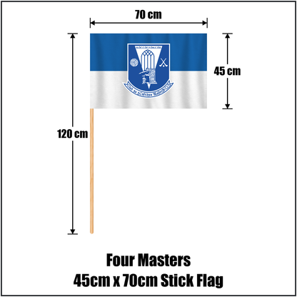 Four Masters 45cm x 70cm Stick Flag, featuring the club crest and blue and white colours; County Donegal GAA. ClubFlags.ie.