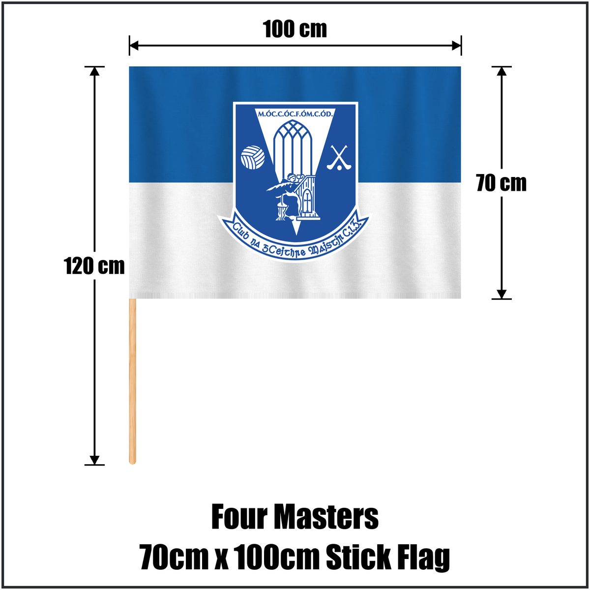 Four Masters 70cm x 100cm Stick Flag, featuring the club crest and blue and white colours; County Donegal GAA. ClubFlags.ie.