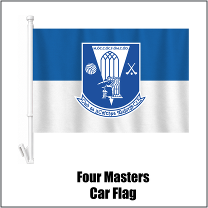 Four Masters Car Flag, featuring the club crest and blue and white colours; County Donegal GAA. ClubFlags.ie.