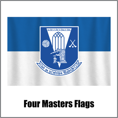 Four Masters Flags, featuring the club crest and blue and white colours; County Donegal GAA. ClubFlags.ie.