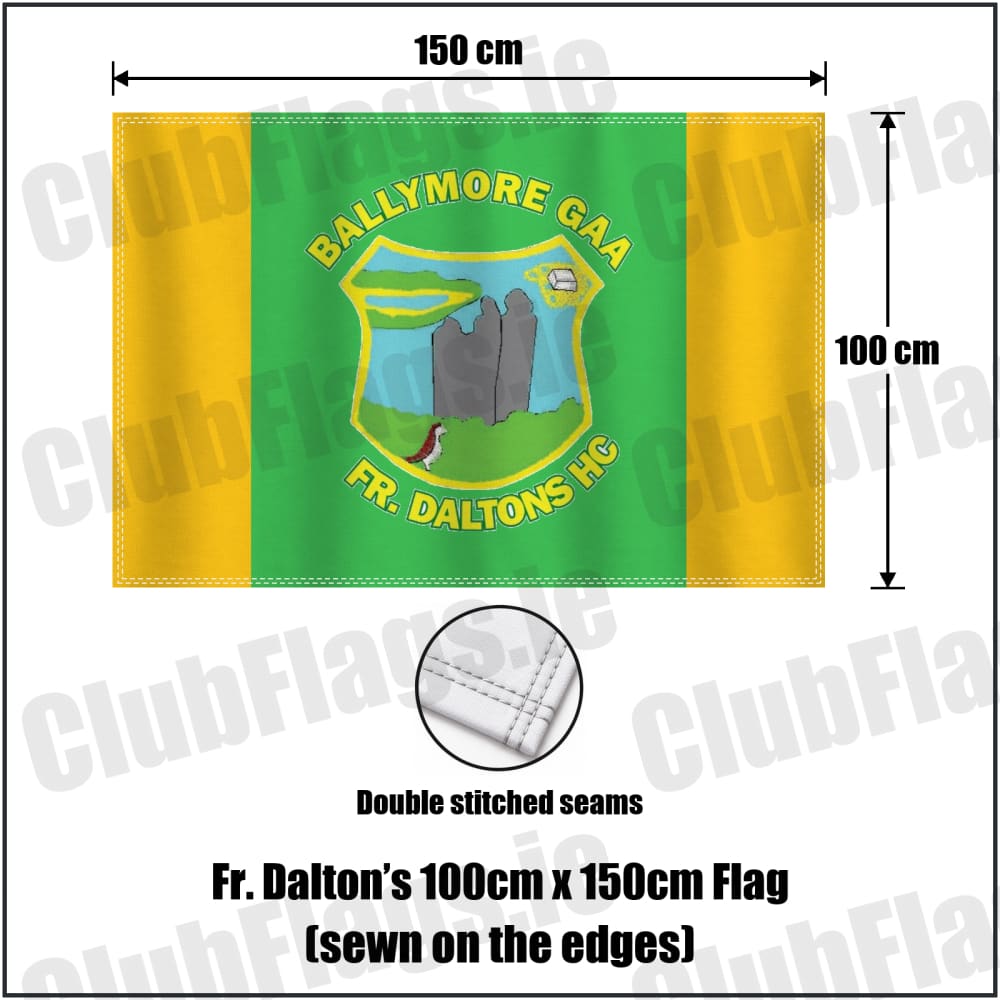 Fr. Dalton’s 100cm x 150cm Flag (sewn on the edges) in green and gold, featuring the club crest on realistic fabric with gentle vertical folds; County Westmeath GAA. ClubFlags.ie.