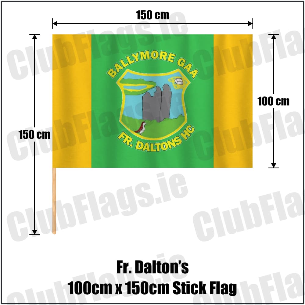 Fr. Dalton’s 100cm x 150cm Stick Flag in green and gold, featuring the club crest on realistic fabric with gentle vertical folds; County Westmeath GAA. ClubFlags.ie.