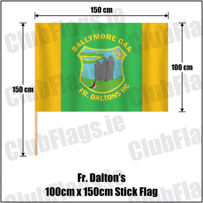Fr. Dalton’s 100cm x 150cm Stick Flag in green and gold, featuring the club crest on realistic fabric with gentle vertical folds; County Westmeath GAA. ClubFlags.ie.