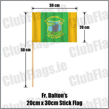 Fr. Dalton’s 20cm x 30cm Stick Flag in green and gold, featuring the club crest on realistic fabric with gentle vertical folds; County Westmeath GAA. ClubFlags.ie.