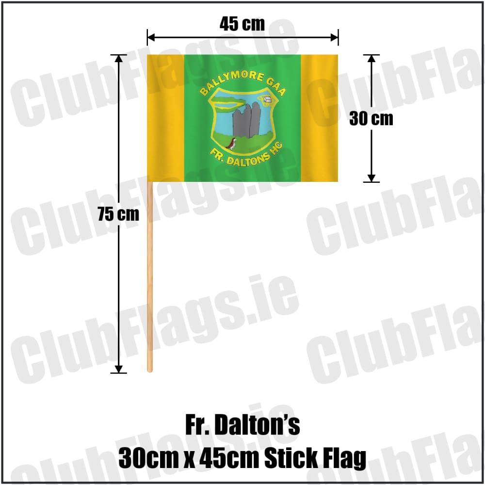 Fr. Dalton’s 30cm x 45cm Stick Flag in green and gold, featuring the club crest on realistic fabric with gentle vertical folds; County Westmeath GAA. ClubFlags.ie.