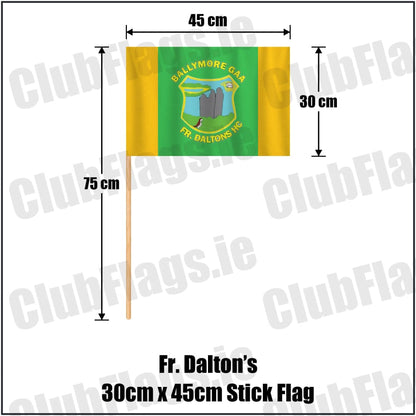 Fr. Dalton’s 30cm x 45cm Stick Flag in green and gold, featuring the club crest on realistic fabric with gentle vertical folds; County Westmeath GAA. ClubFlags.ie.