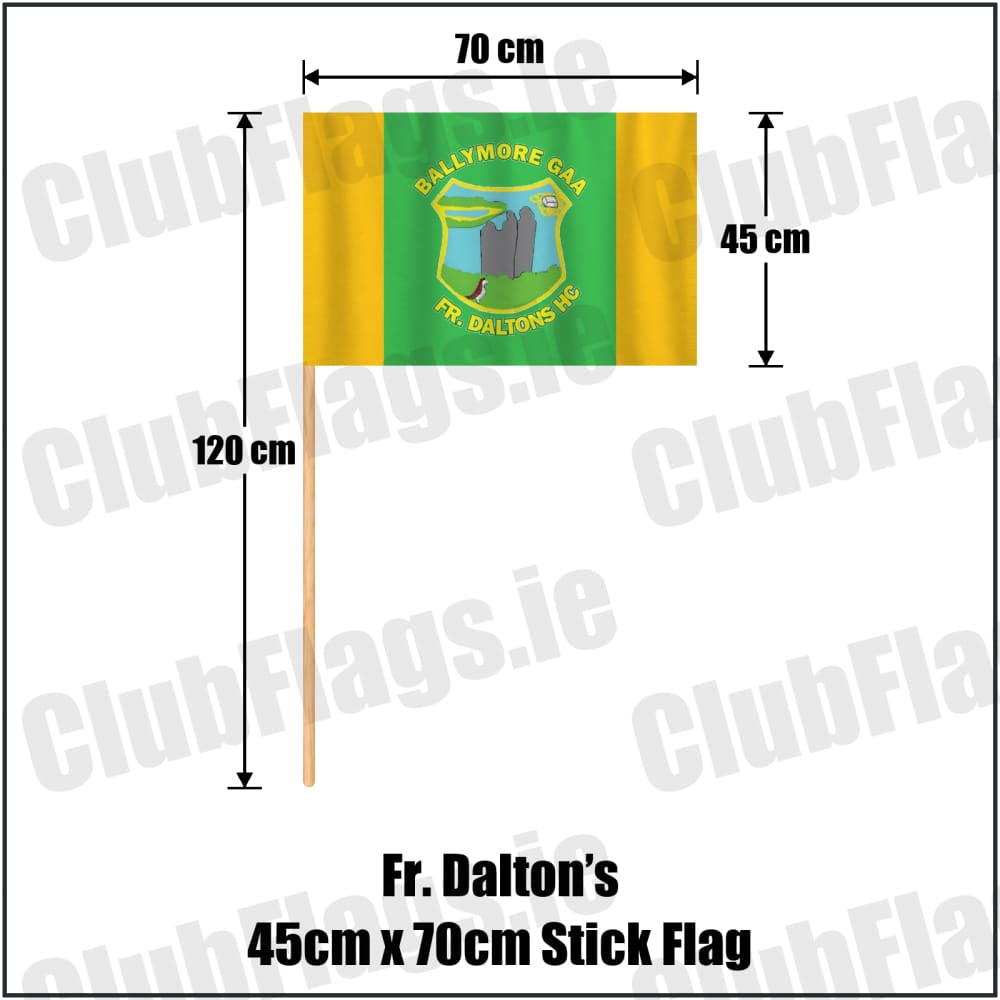 Fr. Dalton’s 45cm x 70cm Stick Flag in green and gold, featuring the club crest on realistic fabric with gentle vertical folds; County Westmeath GAA. ClubFlags.ie.