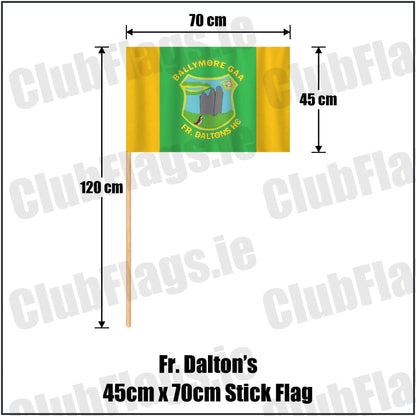 Fr. Dalton’s 45cm x 70cm Stick Flag in green and gold, featuring the club crest on realistic fabric with gentle vertical folds; County Westmeath GAA. ClubFlags.ie.