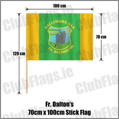 Fr. Dalton’s 70cm x 100cm Stick Flag in green and gold, featuring the club crest on realistic fabric with gentle vertical folds; County Westmeath GAA. ClubFlags.ie.