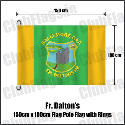 Fr. Dalton’s 150cm x 100cm Flag Pole Flag with Rings in green and gold, featuring the club crest on realistic fabric with gentle vertical folds; County Westmeath GAA. ClubFlags.ie.