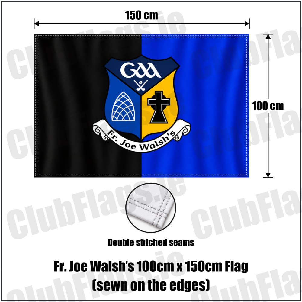 Fr. Joe Walsh’s 100cm x 150cm Flag (sewn on the edges) in black and blue with club crest, Galway GAA - ClubFlags.ie