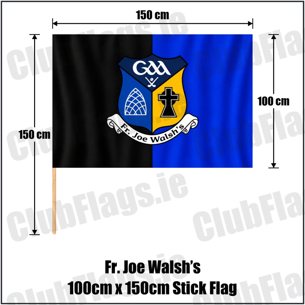 Fr. Joe Walsh’s 100cm x 150cm Stick Flag in black and blue with club crest, Galway GAA - ClubFlags.ie