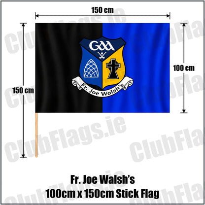 Fr. Joe Walsh’s 100cm x 150cm Stick Flag in black and blue with club crest, Galway GAA - ClubFlags.ie