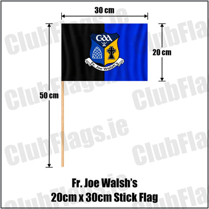 Fr. Joe Walsh’s 20cm x 30cm Stick Flag in black and blue with club crest, Galway GAA - ClubFlags.ie