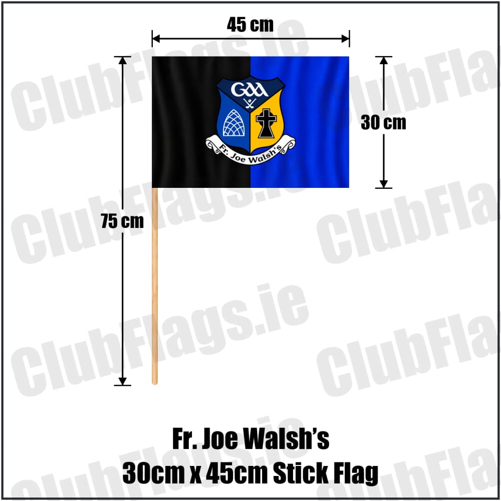 Fr. Joe Walsh’s 30cm x 45cm Stick Flag in black and blue with club crest, Galway GAA - ClubFlags.ie