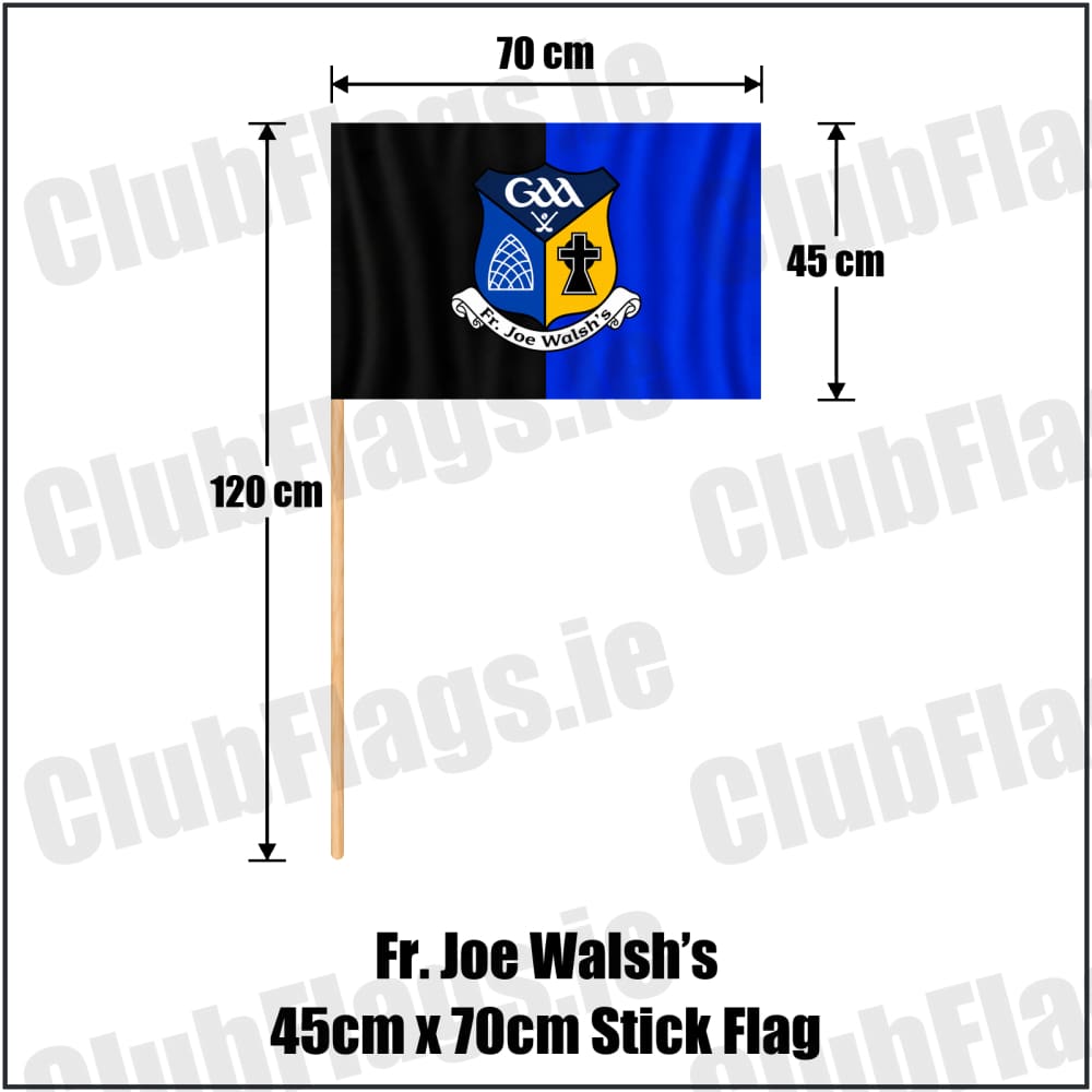 Fr. Joe Walsh’s 45cm x 70cm Stick Flag in black and blue with club crest, Galway GAA - ClubFlags.ie