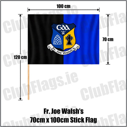Fr. Joe Walsh’s 70cm x 100cm Stick Flag in black and blue with club crest, Galway GAA - ClubFlags.ie