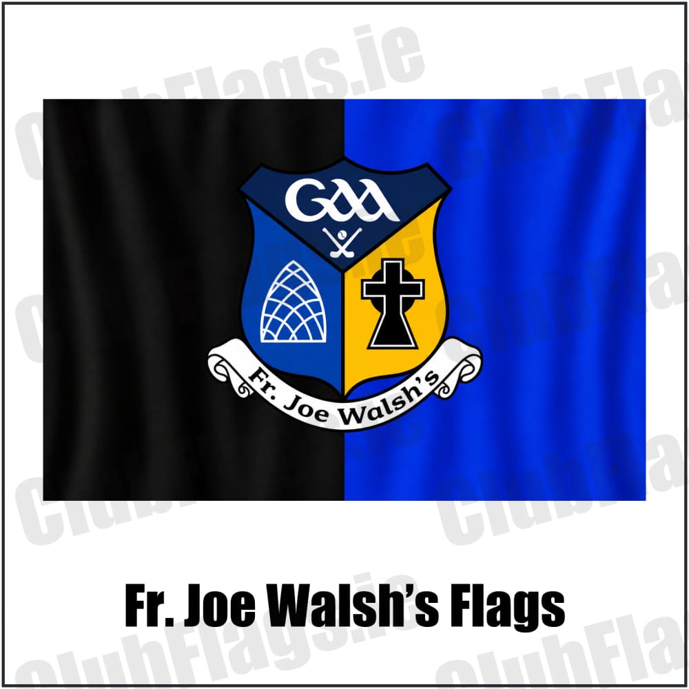 Fr. Joe Walsh’s Flags in black and blue with club crest, Galway GAA - ClubFlags.ie