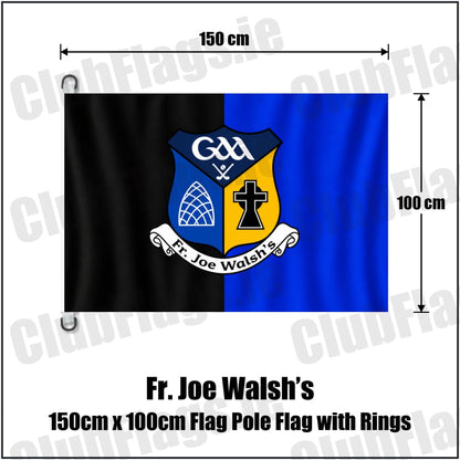 Fr. Joe Walsh’s 150cm x 100cm Flag Pole Flag with Rings in black and blue with club crest, Galway GAA - ClubFlags.ie