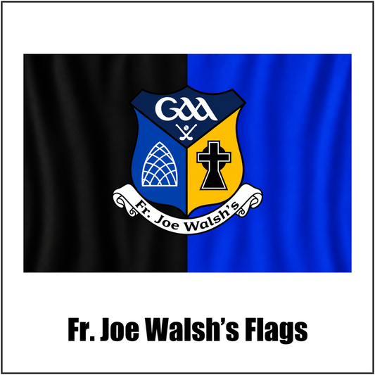 Fr. Joe Walsh’s Flags, featuring the club crest and black and blue colours; County Galway GAA. ClubFlags.ie.