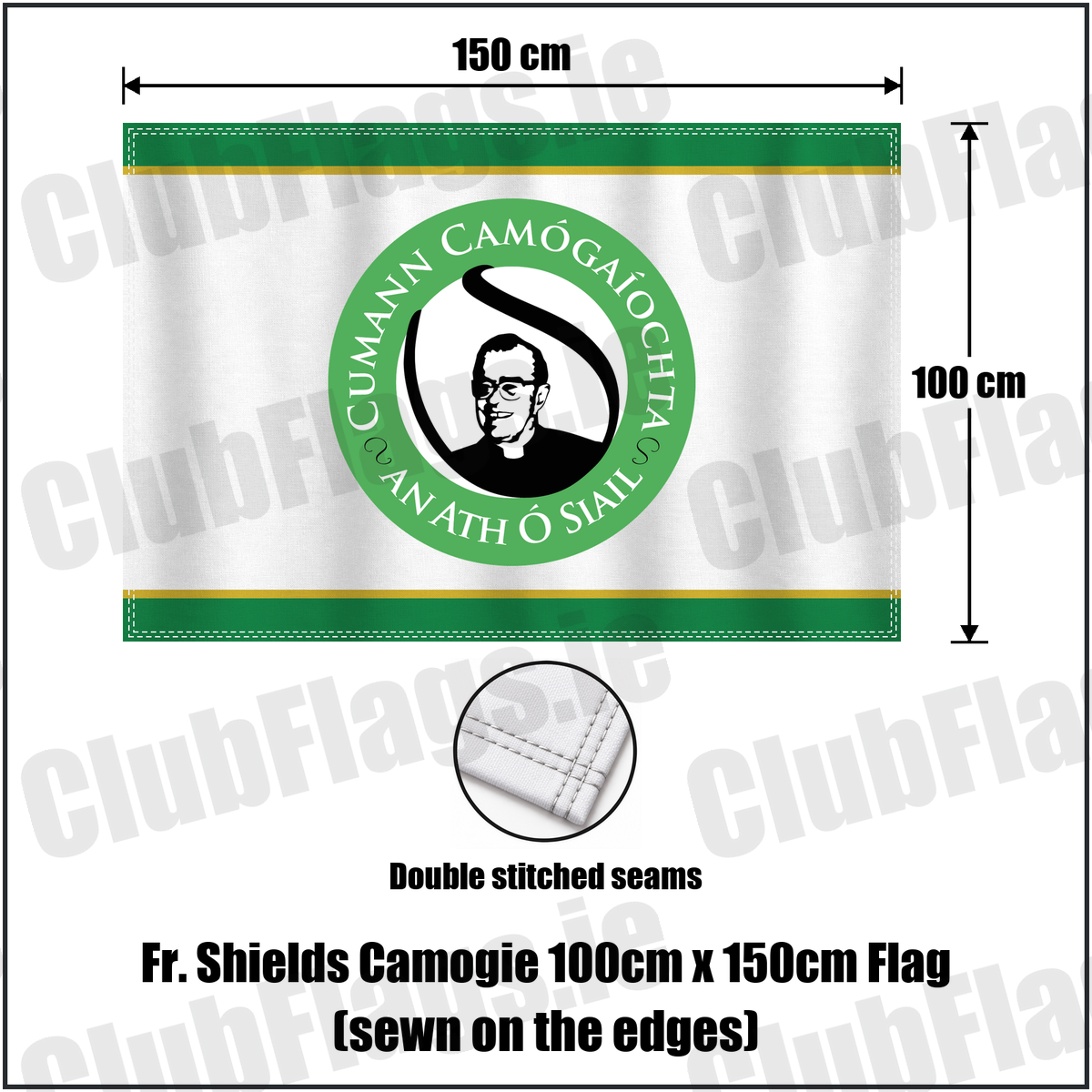 Fr. Shields Camogie 100cm x 150cm Flag (sewn on the edges), featuring the club crest and green and white and amber colours; County Tyrone camogie. ClubFlags.ie.