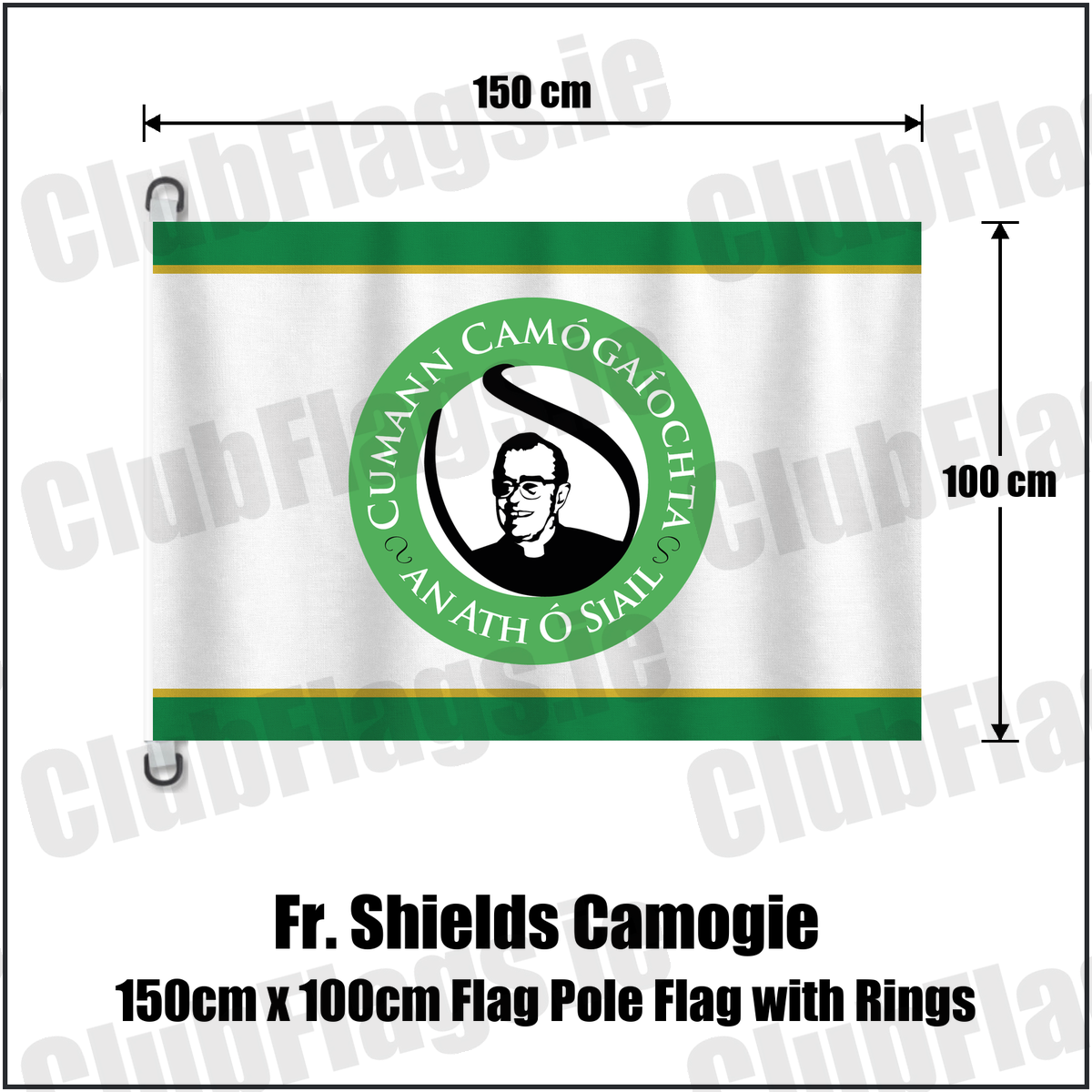 Fr. Shields Camogie 150cm x 100cm Flag Pole Flag with Rings, featuring the club crest and green and white and amber colours; County Tyrone camogie. ClubFlags.ie.