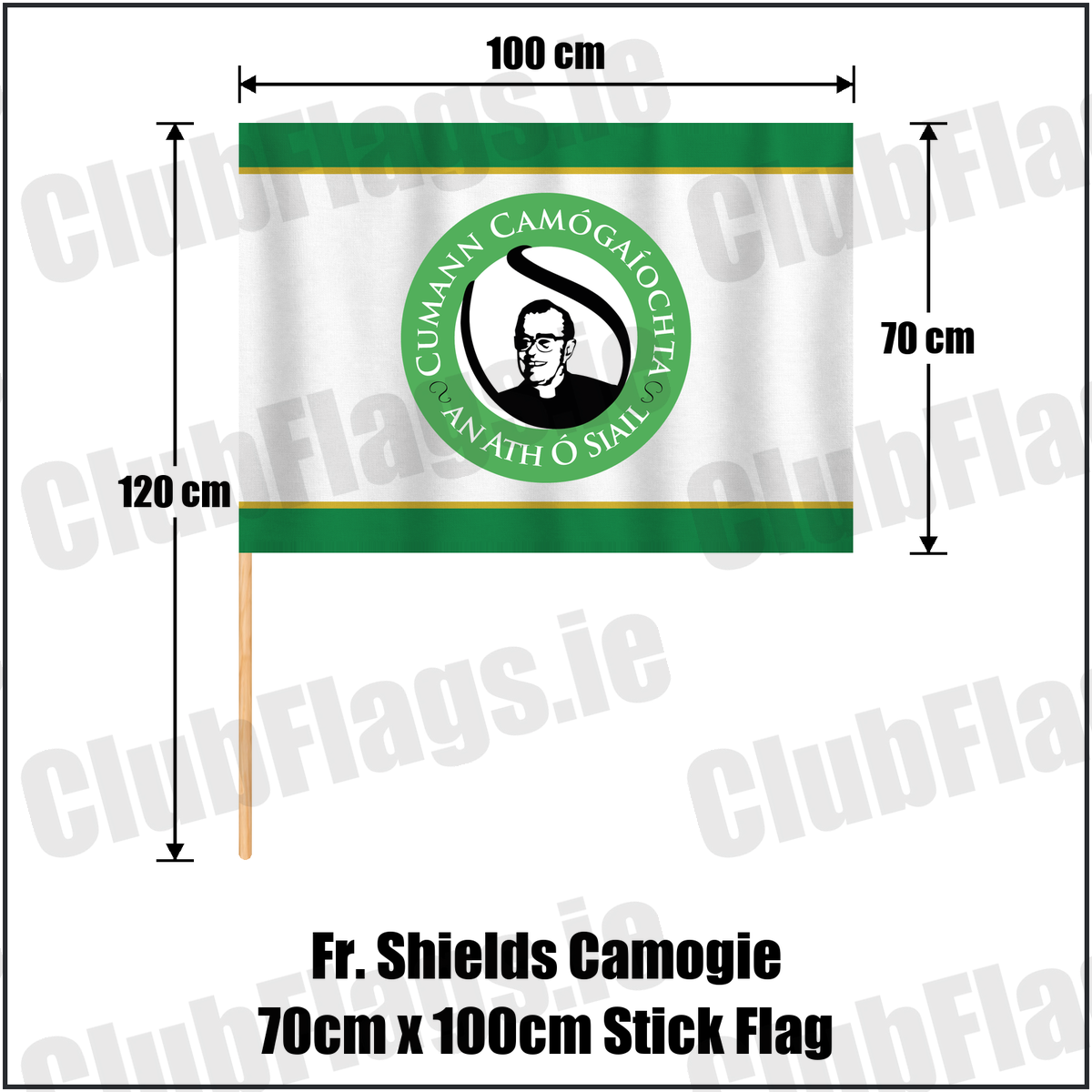 Fr. Shields Camogie 70cm x 100cm Stick Flag, featuring the club crest and green and white and amber colours; County Tyrone camogie. ClubFlags.ie.