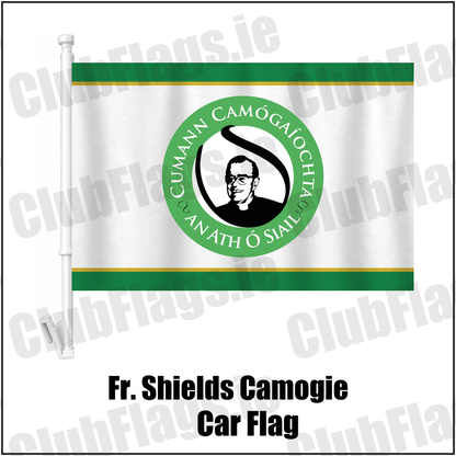 Fr. Shields Camogie Car Flag, featuring the club crest and green and white and amber colours; County Tyrone camogie. ClubFlags.ie.