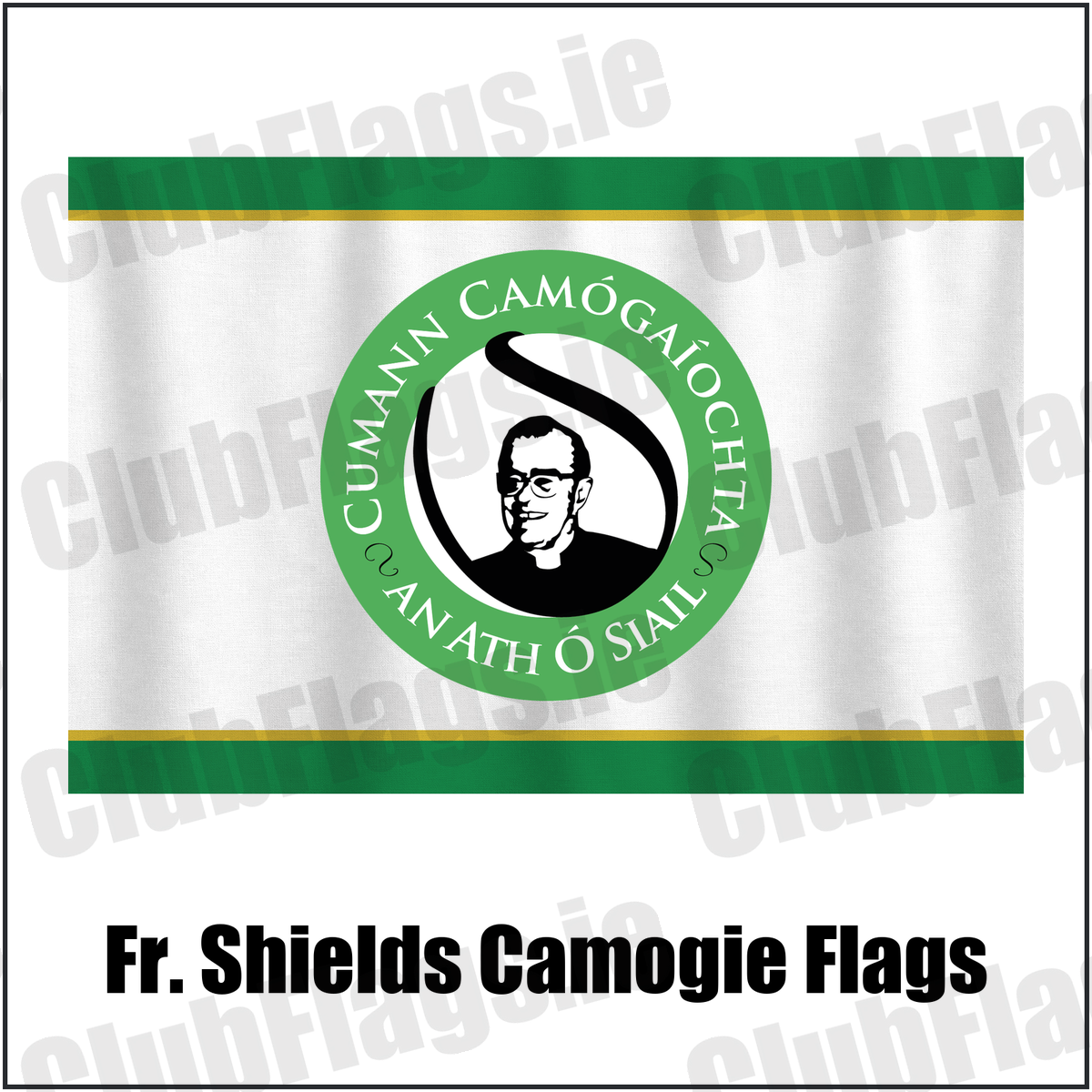 Fr. Shields Camogie Flags, featuring the club crest and green and white and amber colours; County Tyrone camogie. ClubFlags.ie.