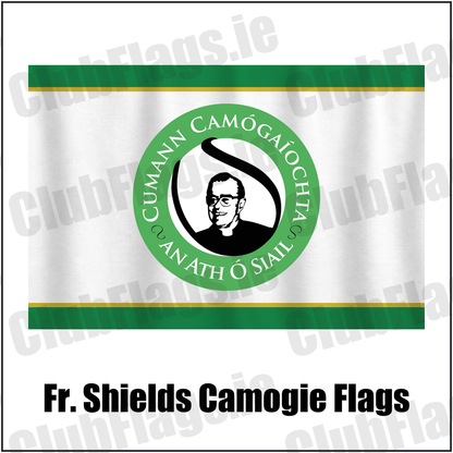 Fr. Shields Camogie Flags, featuring the club crest and green and white and amber colours; County Tyrone camogie. ClubFlags.ie.