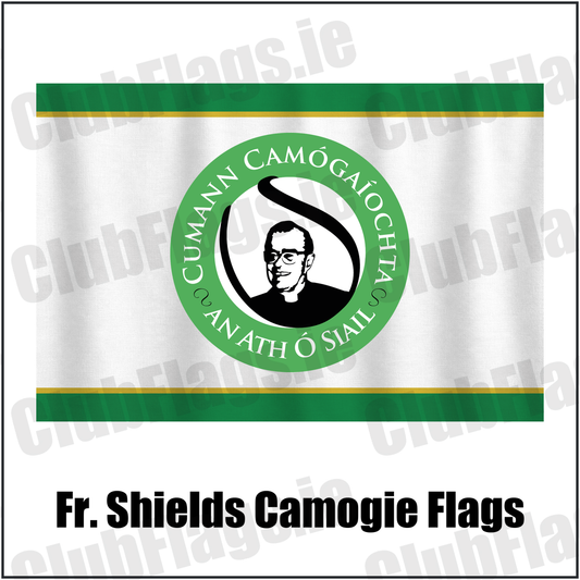 Fr. Shields Camogie Flags, featuring the club crest and green and white and amber colours; County Tyrone camogie. ClubFlags.ie.