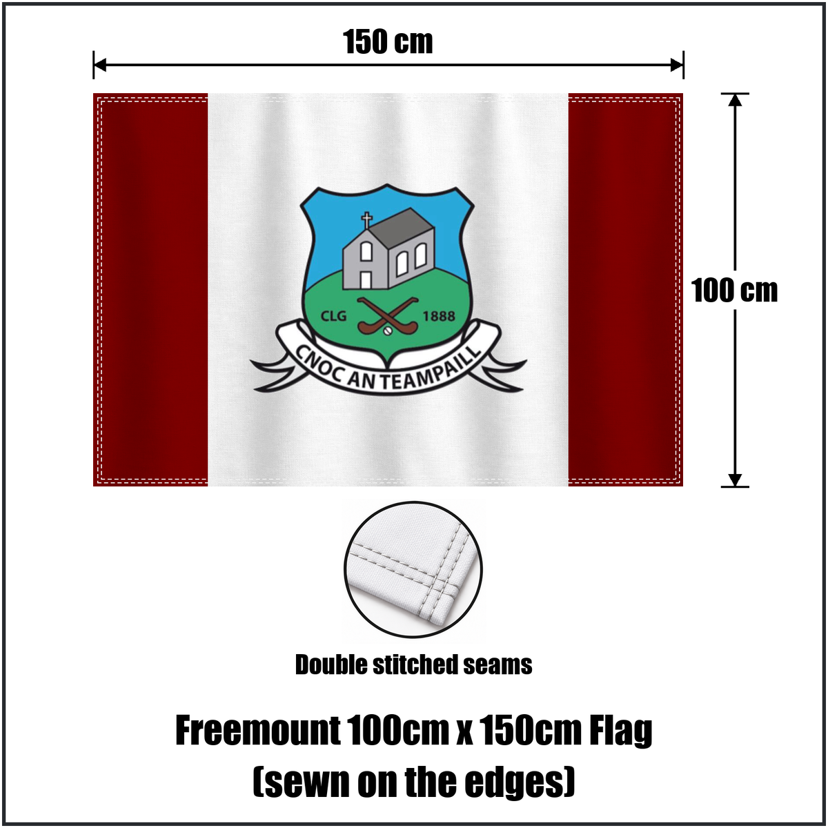 Freemount 100cm x 150cm Flag (sewn on the edges), featuring the club crest and maroon and white colours; County Cork GAA. ClubFlags.ie.