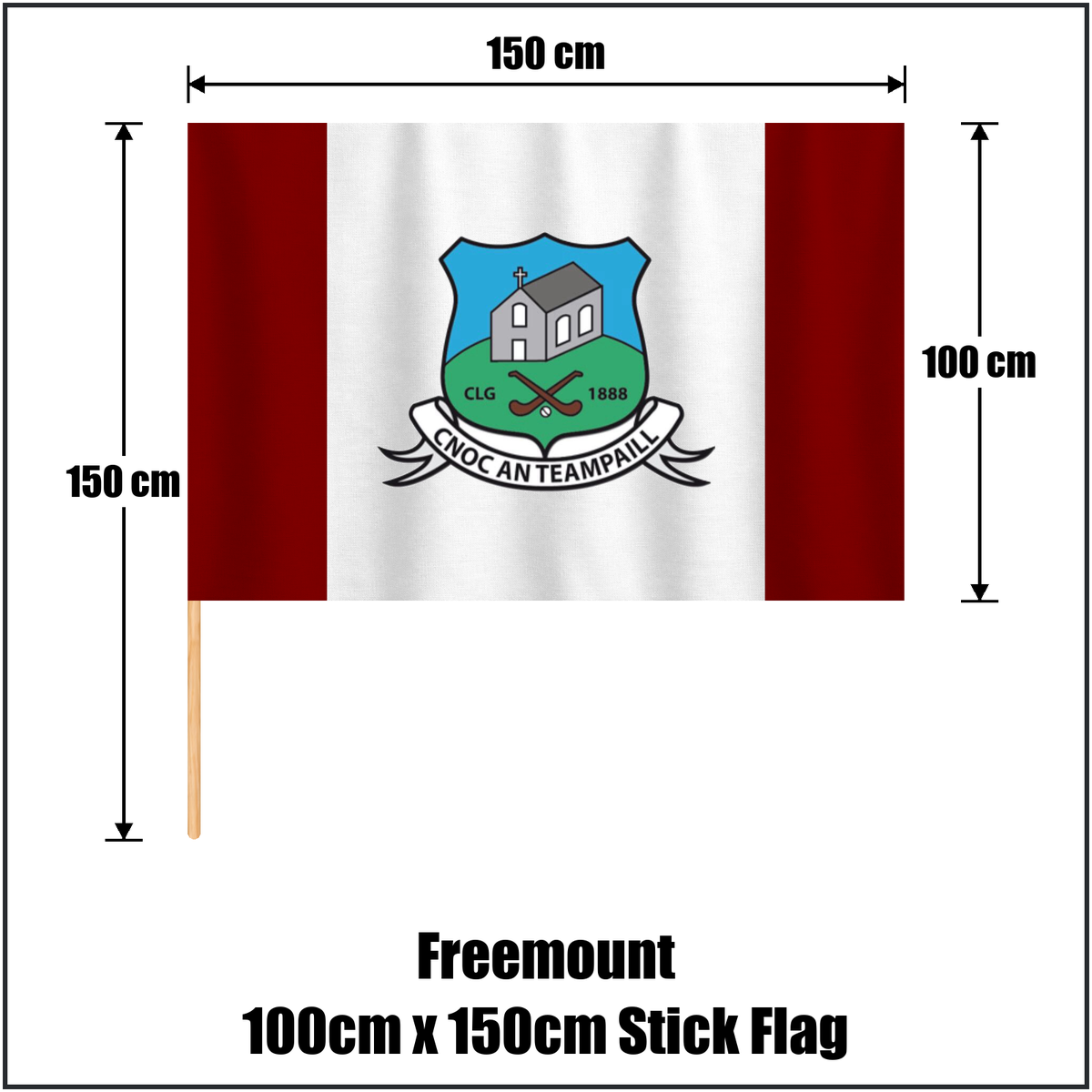 Freemount 100cm x 150cm Stick Flag, featuring the club crest and maroon and white colours; County Cork GAA. ClubFlags.ie.