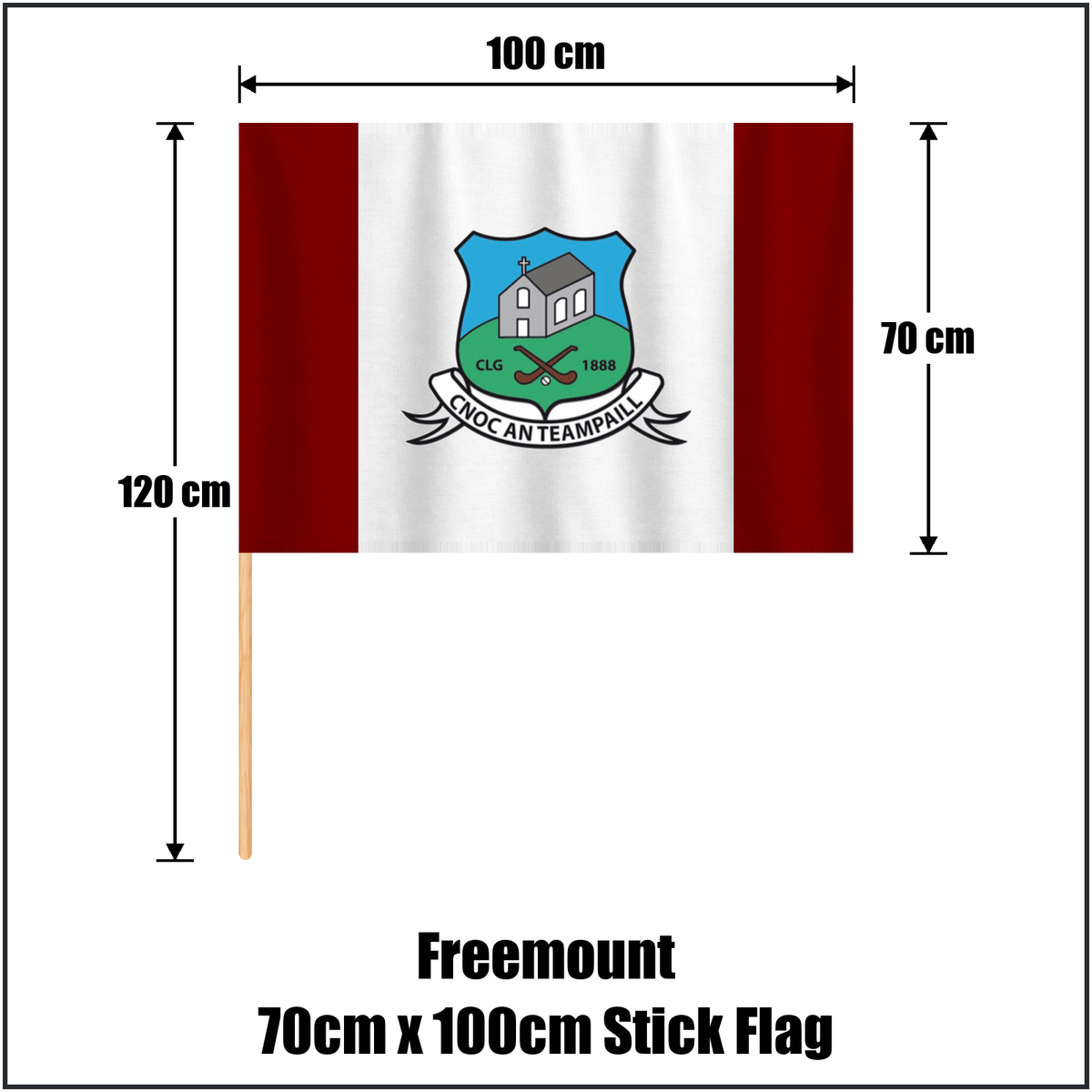 Freemount 70cm x 100cm Stick Flag, featuring the club crest and maroon and white colours; County Cork GAA. ClubFlags.ie.