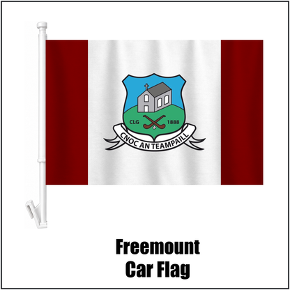 Freemount Car Flag, featuring the club crest and maroon and white colours; County Cork GAA. ClubFlags.ie.